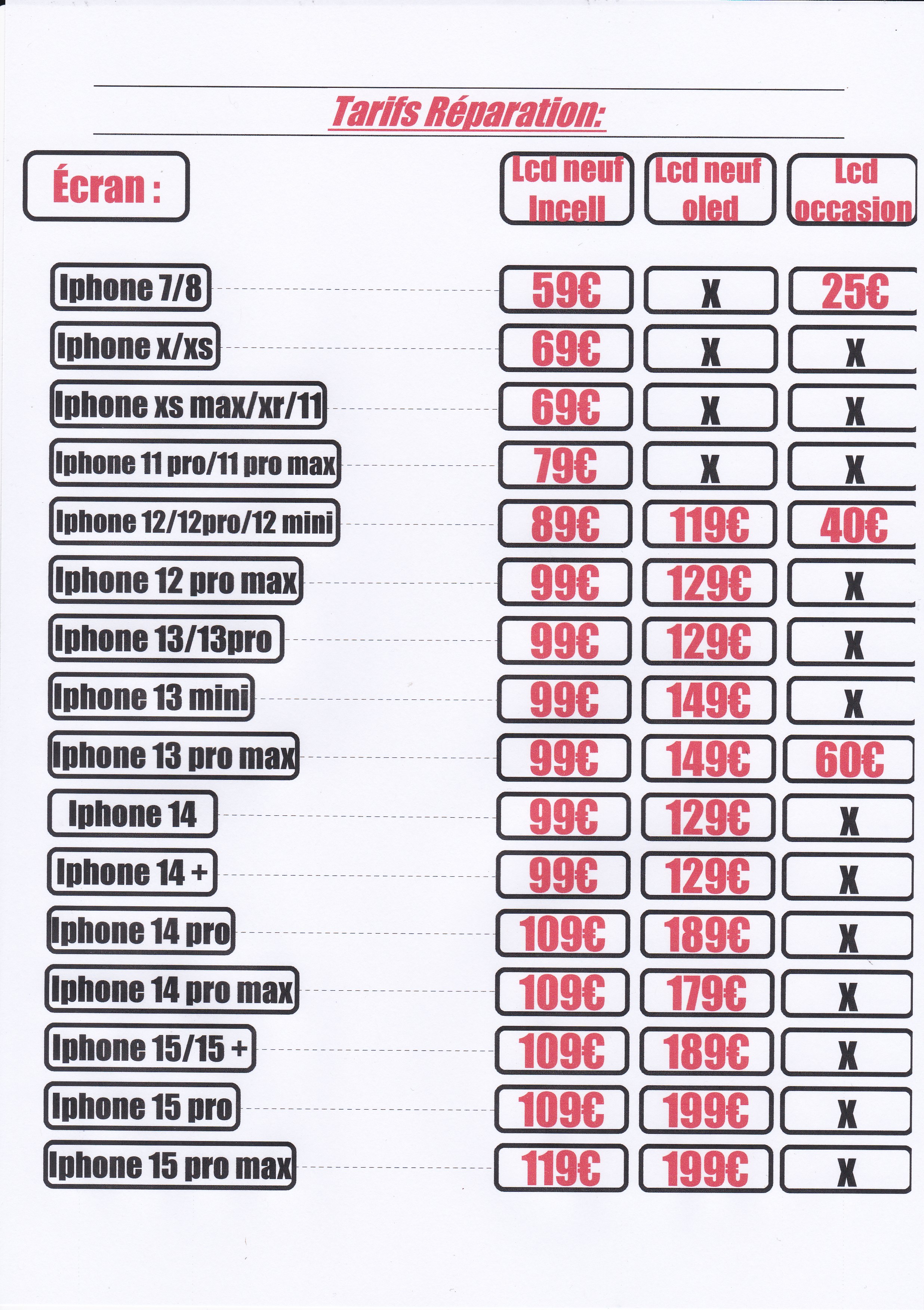 Tableau de tarifs de réparation